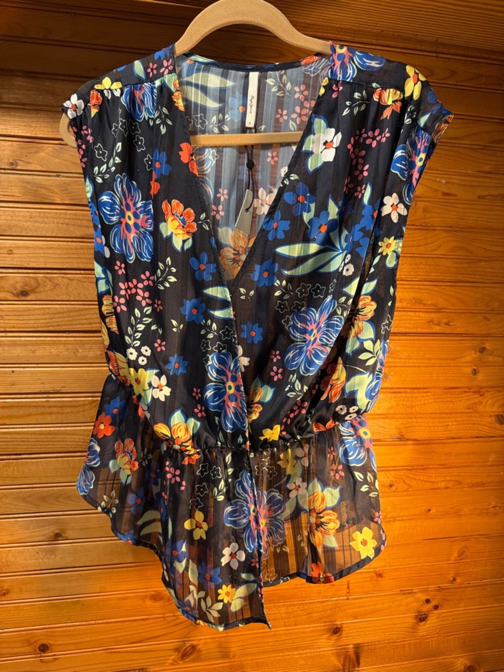 Pepe Jeans Black Floral cap sleeve Top with Blue & Orange Accents